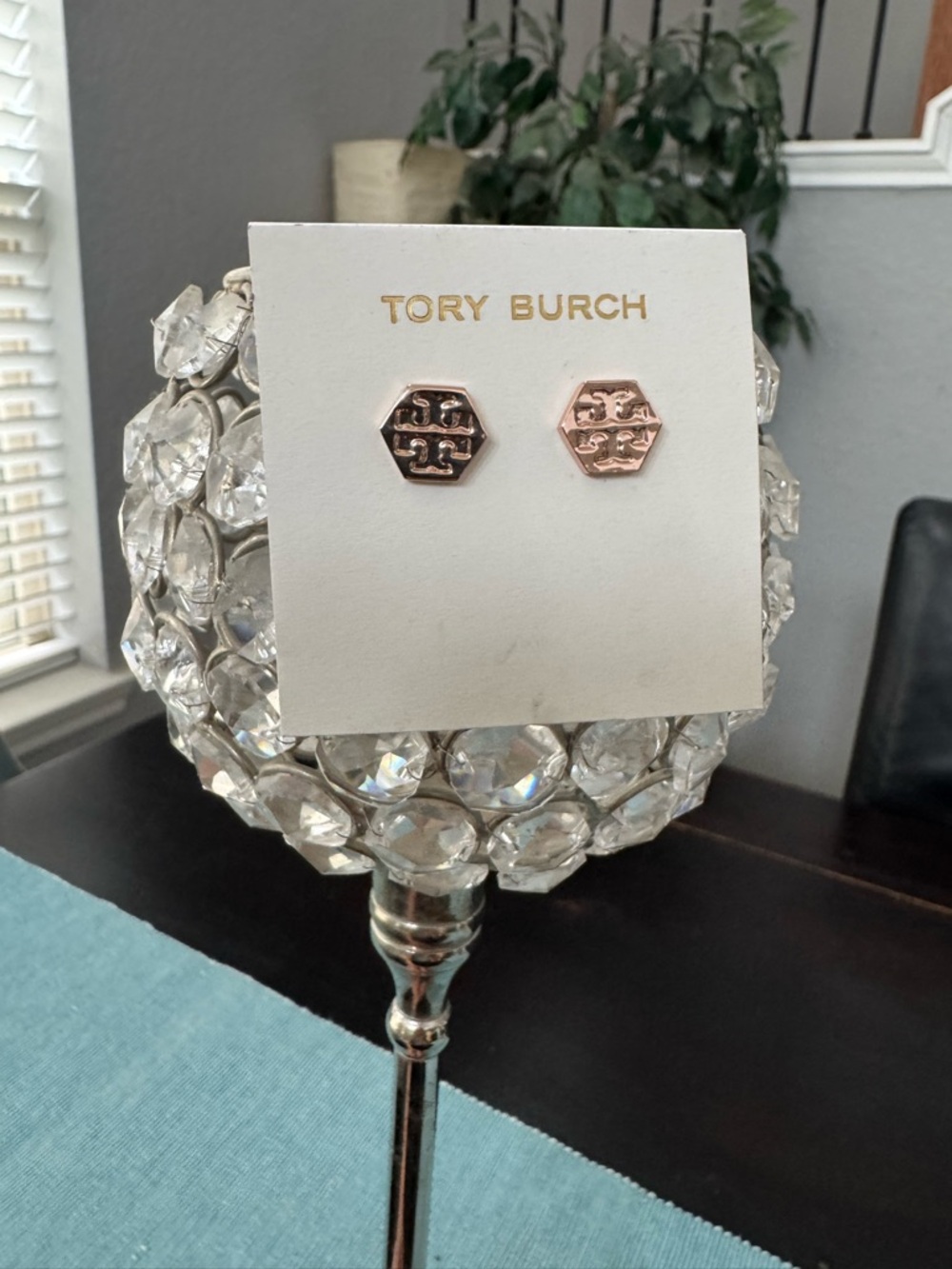 Tory Burch Hexagon Logo Stud Earrings in Rose Gold